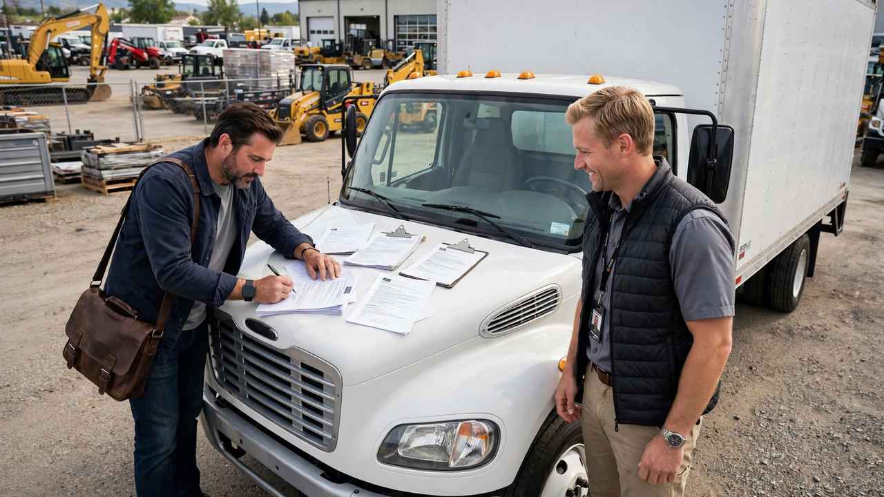 Business owner signing lease transfer documents beside a leased box truck at an equipment dealership.