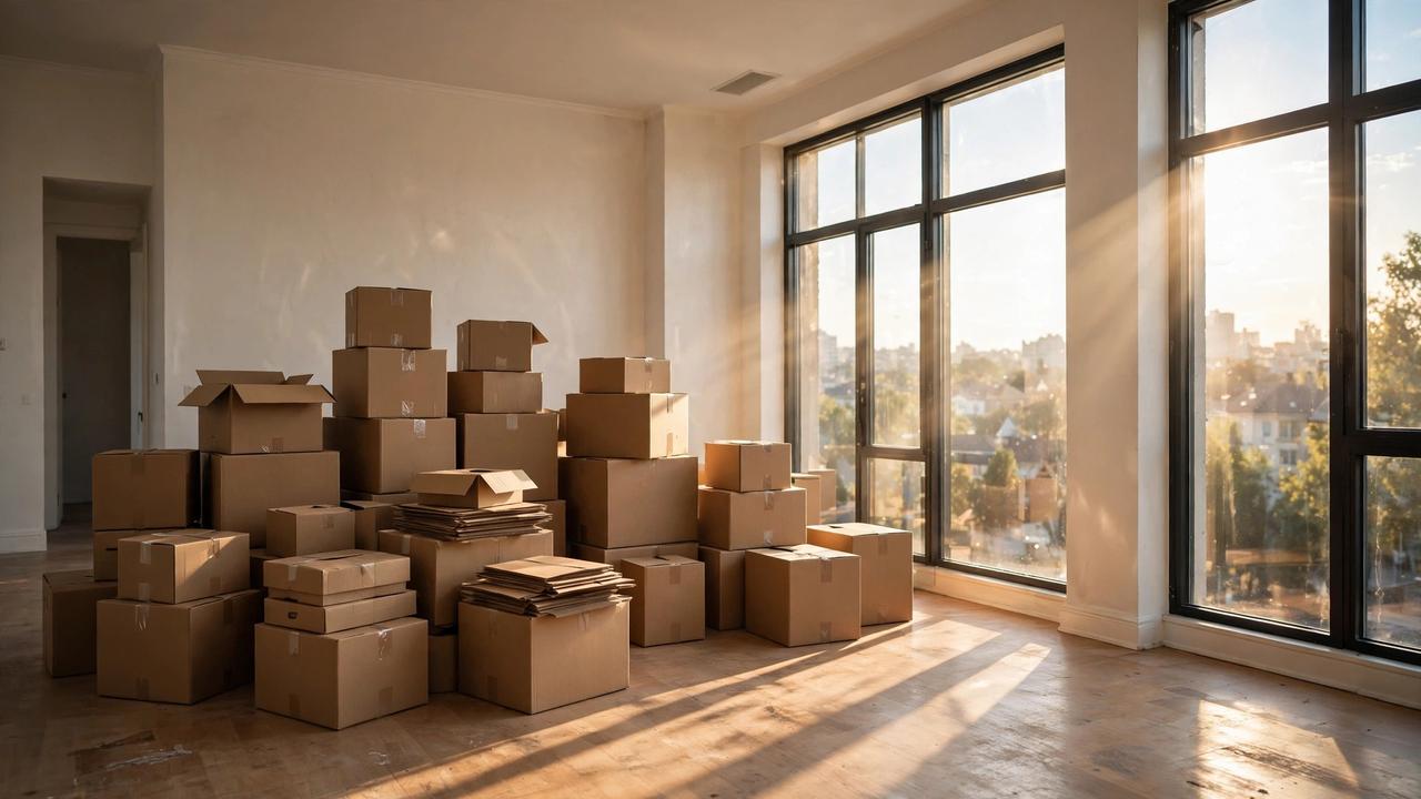 Cardboard moving boxes stacked in an empty apartment living room with sunlight streaming through windows.