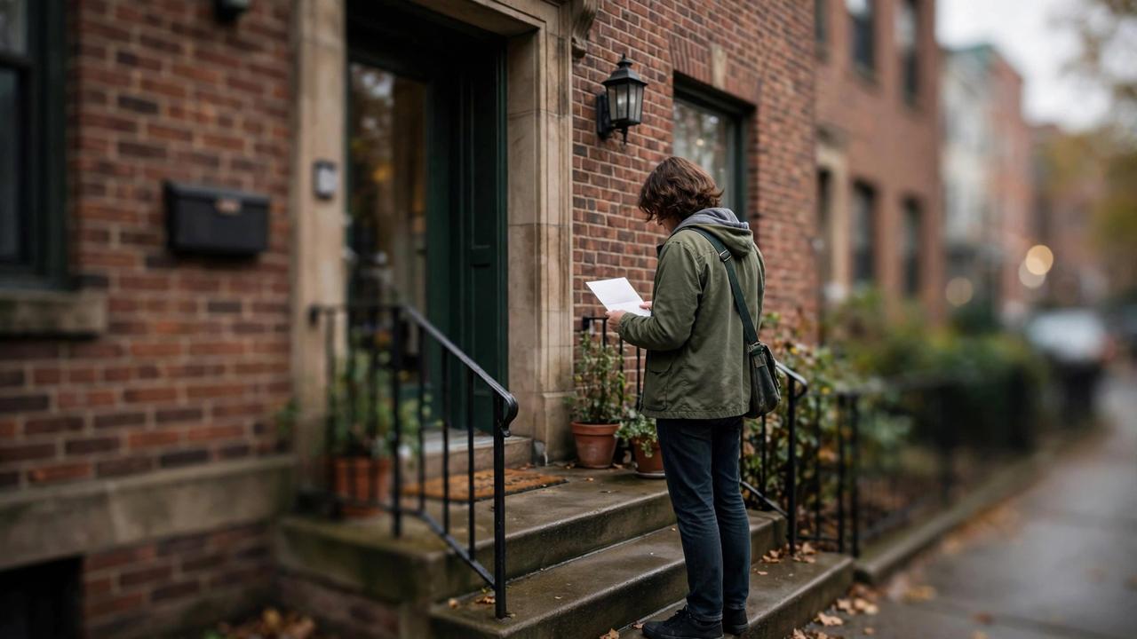 A tenant holds an eviction notice letter outside a brick apartment building entrance.