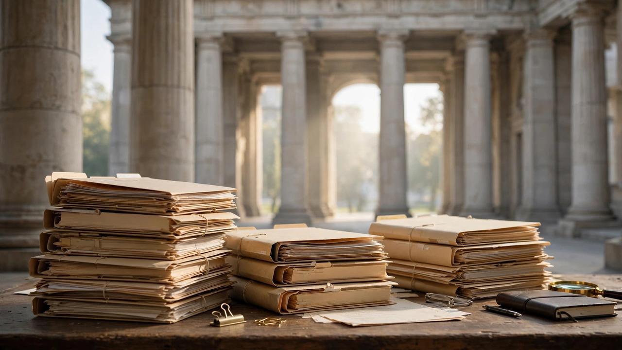 Stone courthouse columns behind stacked legal file folders on a desk in soft morning light.