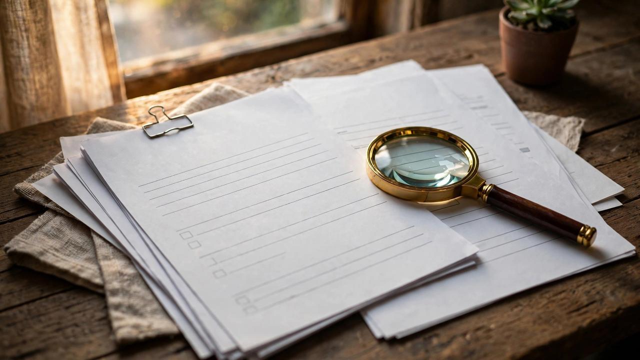 Rental application documents with a magnifying glass resting on a wooden desk in warm window light.