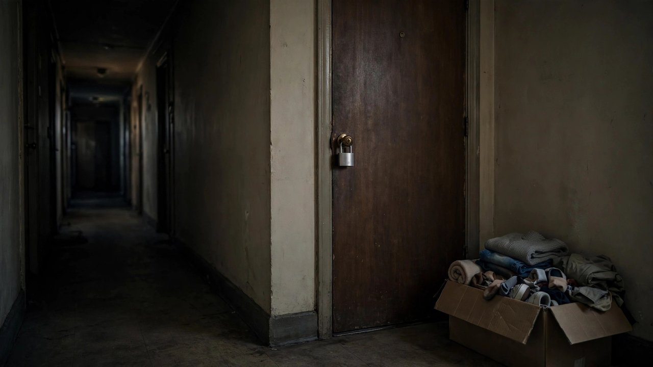 An apartment door with a new padlock and a box of belongings in a dim hallway.