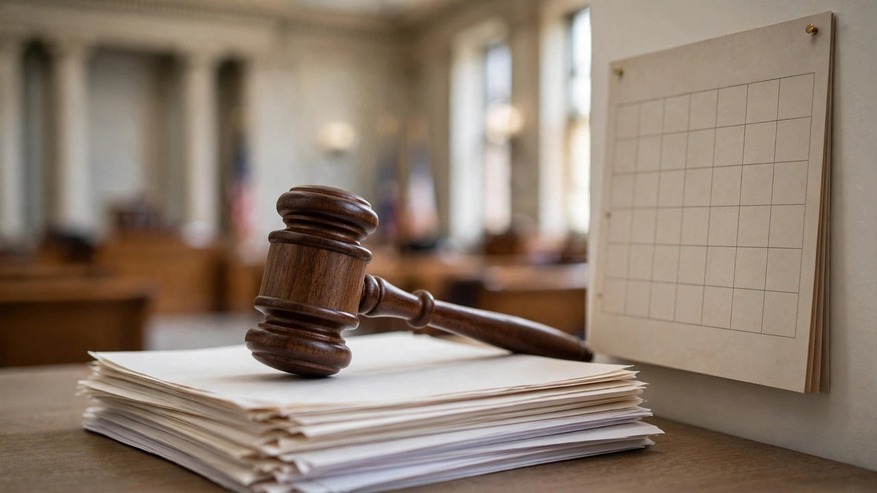 A judge's gavel resting on legal documents beside a wall calendar in a courthouse.