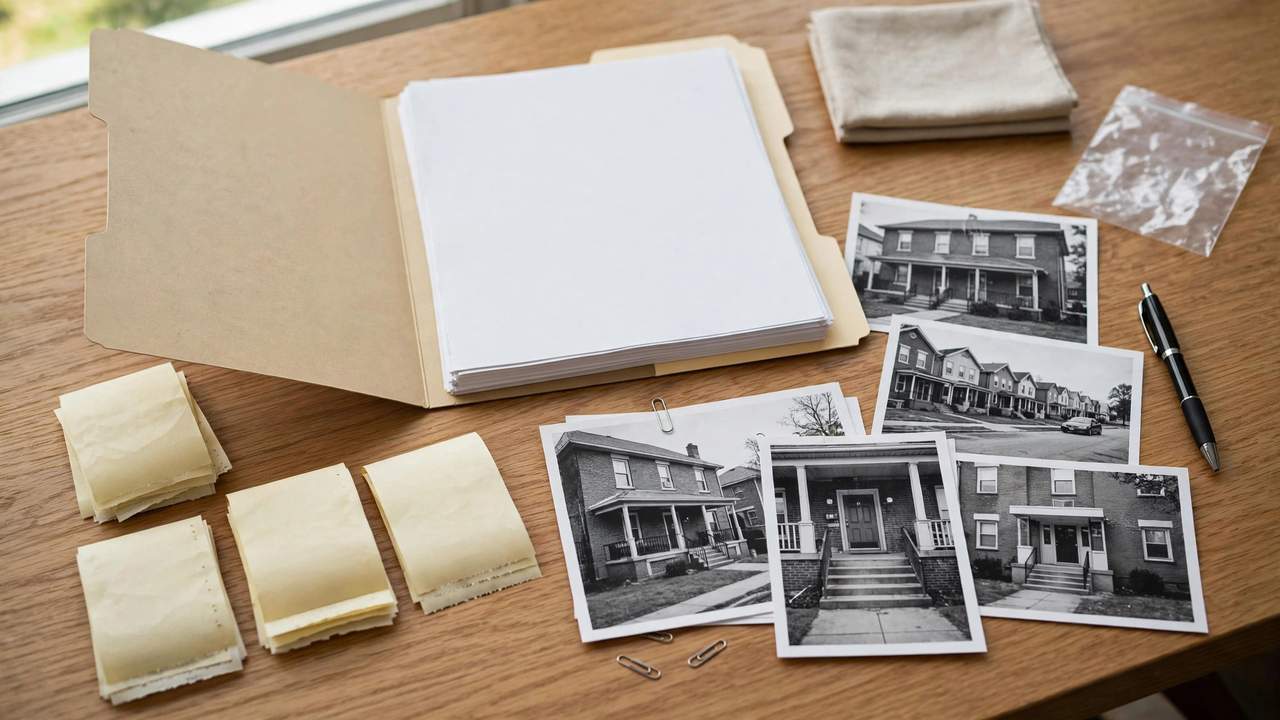 A desk with an open folder of documents, receipts, and photographs arranged as evidence.