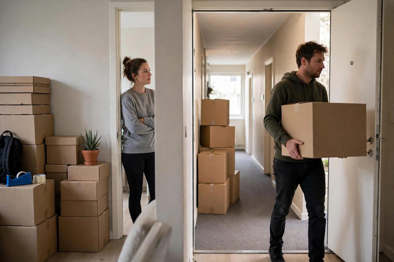 An overnight guest unpacking a suitcase in a spare bedroom, with mail and personal belongings suggesting a long-term stay.