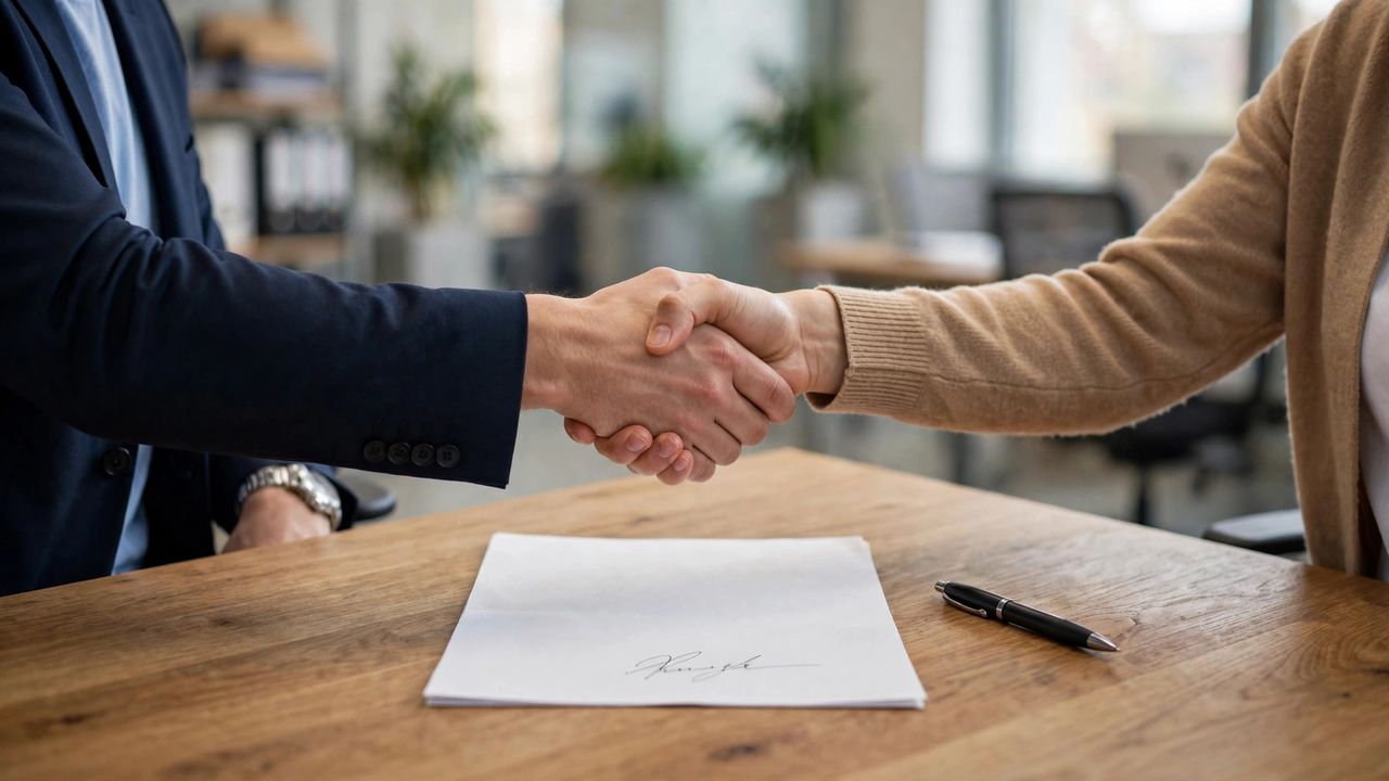 Two people shaking hands across a desk with signed paperwork between them.