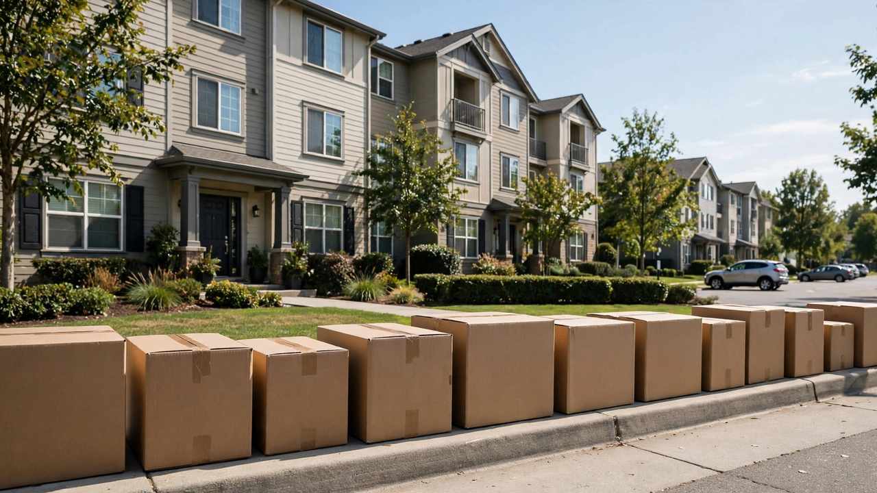 Cardboard moving boxes on a sidewalk in front of a sunny apartment building.