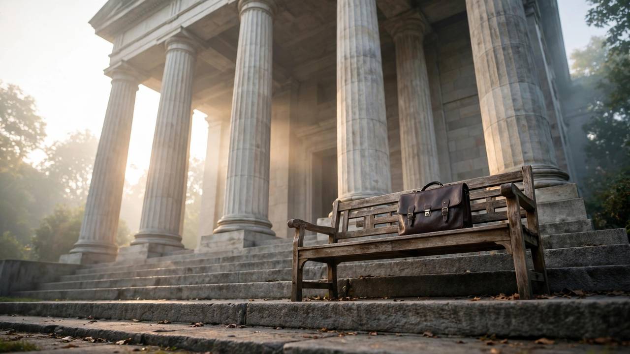 Stone courthouse steps with tall columns and a leather briefcase resting on an empty bench in soft morning light.
