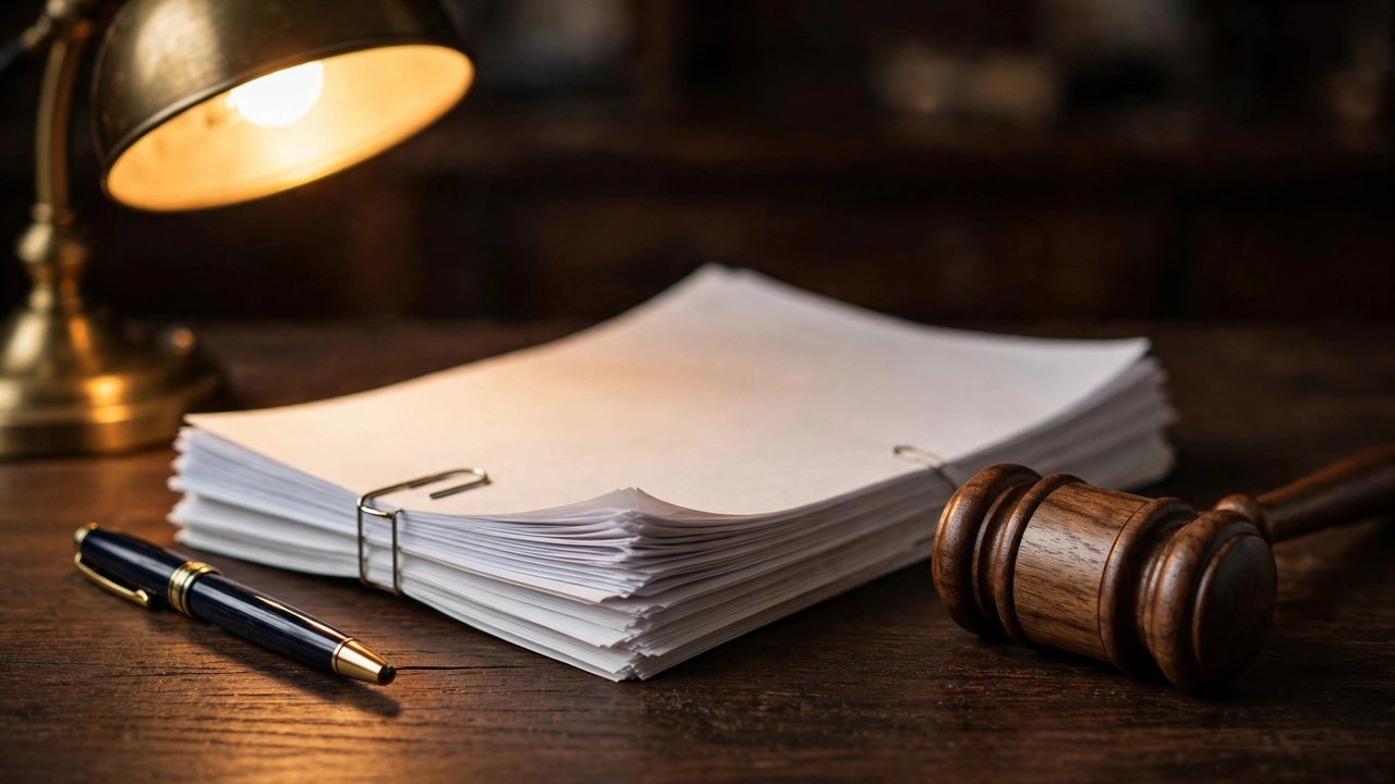 Legal paperwork and a wooden gavel arranged on a dark wooden desk beside a fountain pen under warm lamplight.