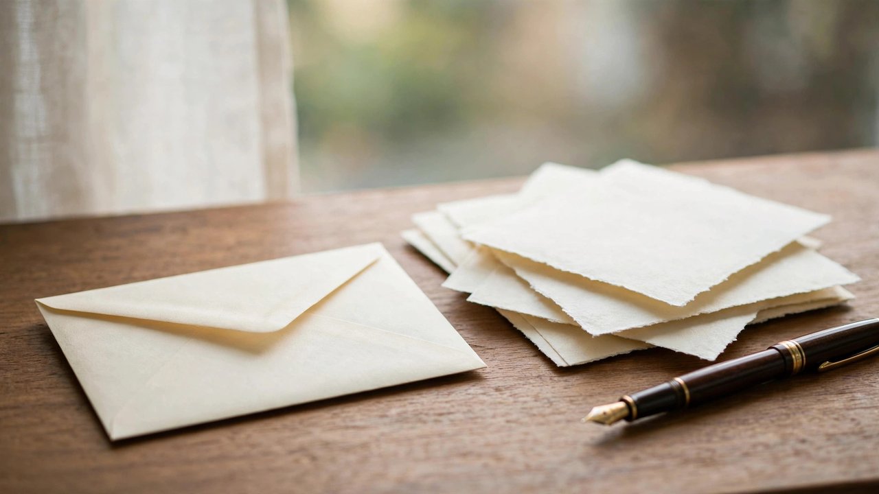 A sealed cream envelope and letter pages on a wooden desk next to a fountain pen in soft window light.