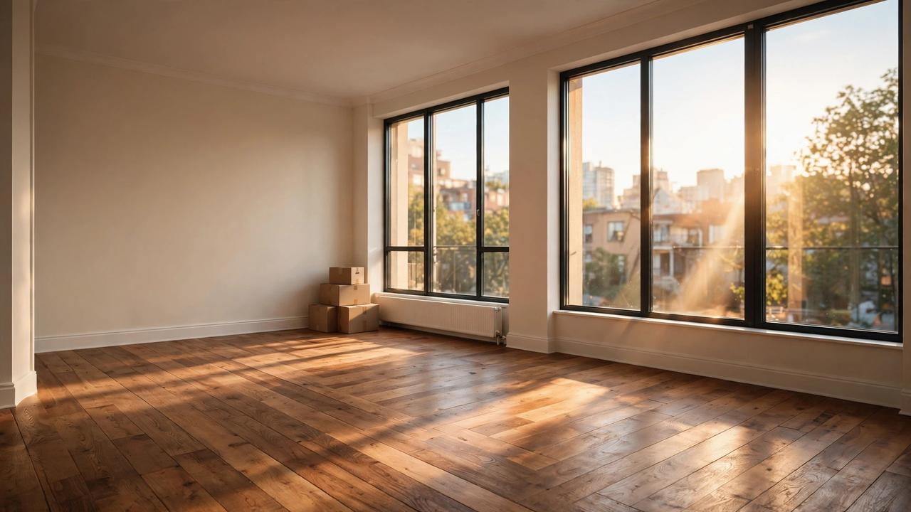 An empty apartment living room with hardwood floors, sunlight through large windows, and moving boxes in the corner.
