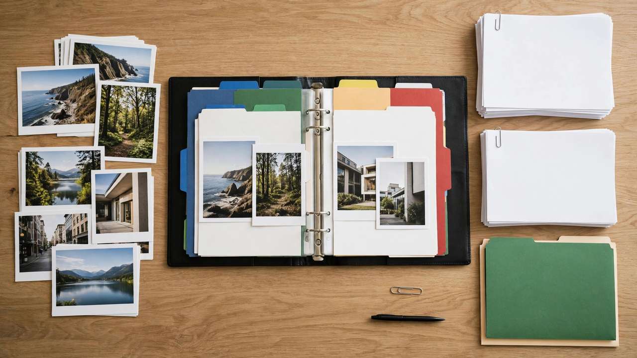 An open evidence binder with tabbed folders, printed photographs, and neatly arranged documents on a conference table.