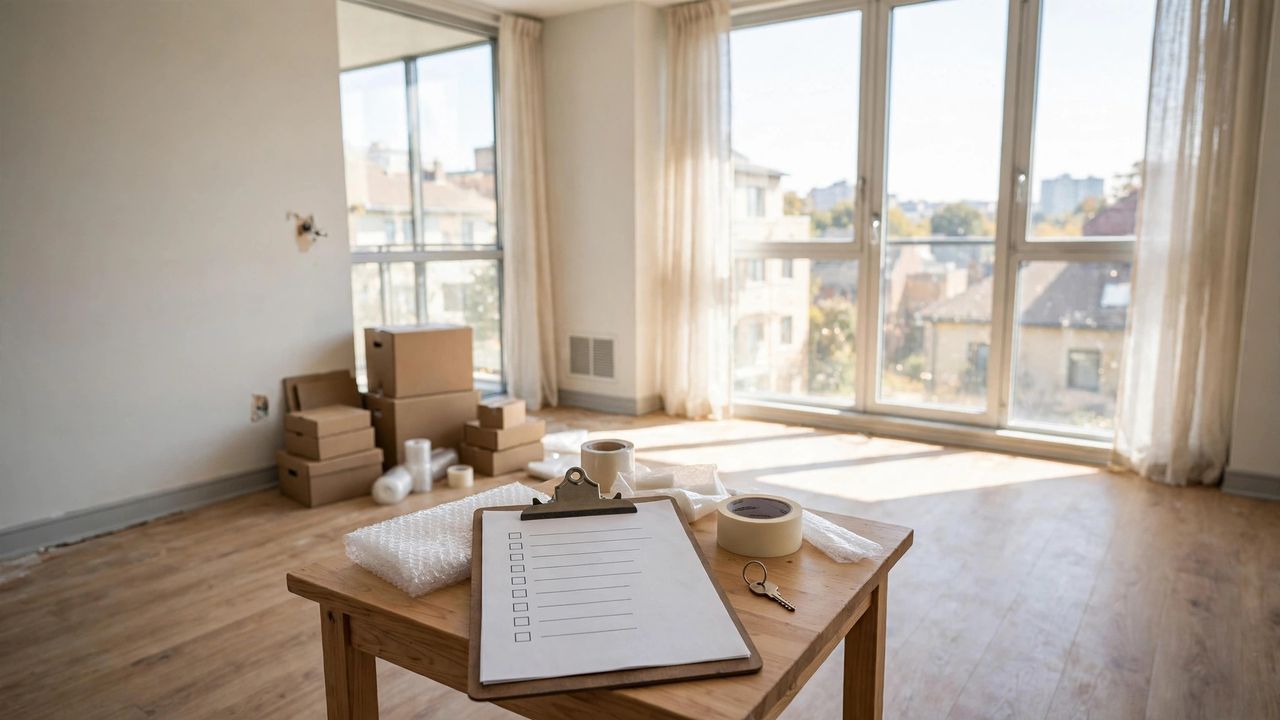 An empty apartment living room set up for a move-out inspection with a clipboard checklist on the table.