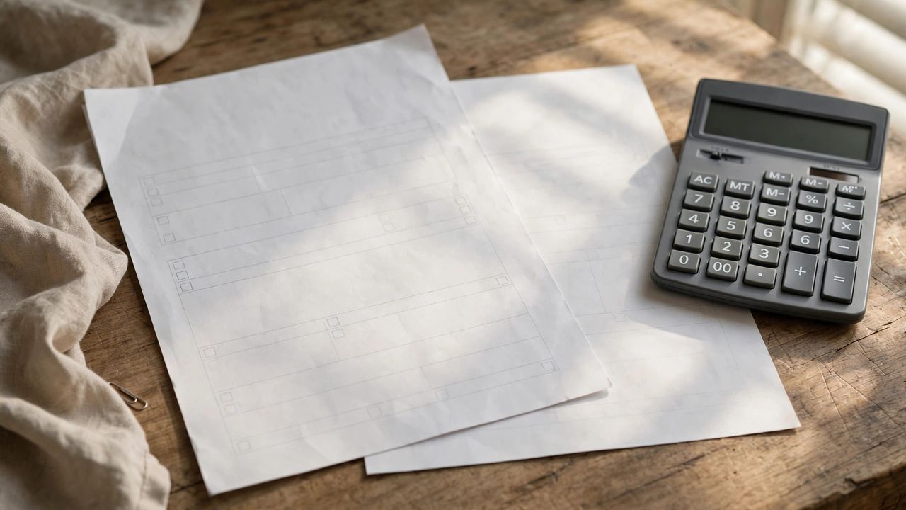 Close-up of a security deposit itemized statement and invoices on a desk beside a calculator.