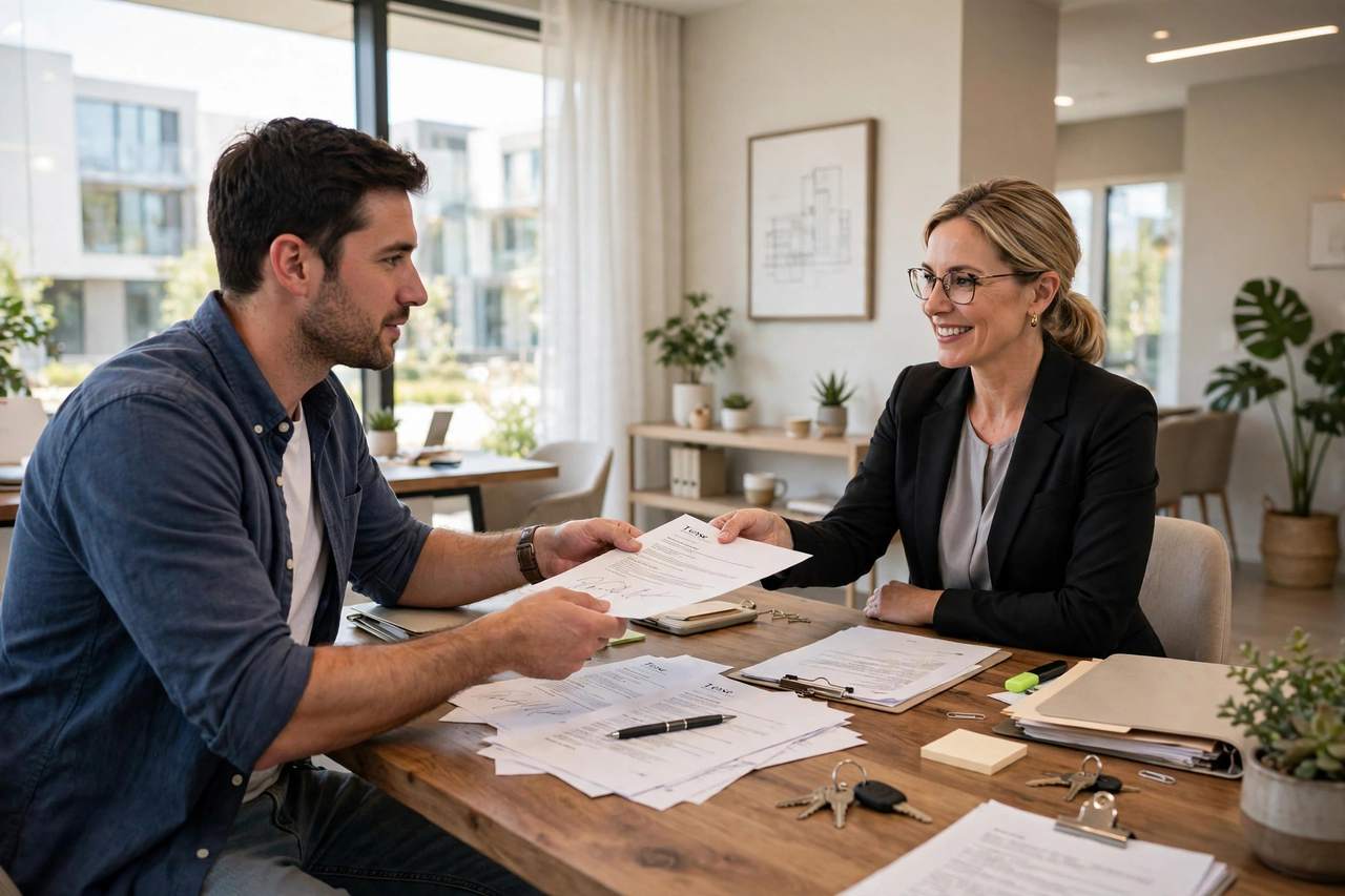 A tenant handing a signed lease addendum to a landlord across a desk in a leasing office.