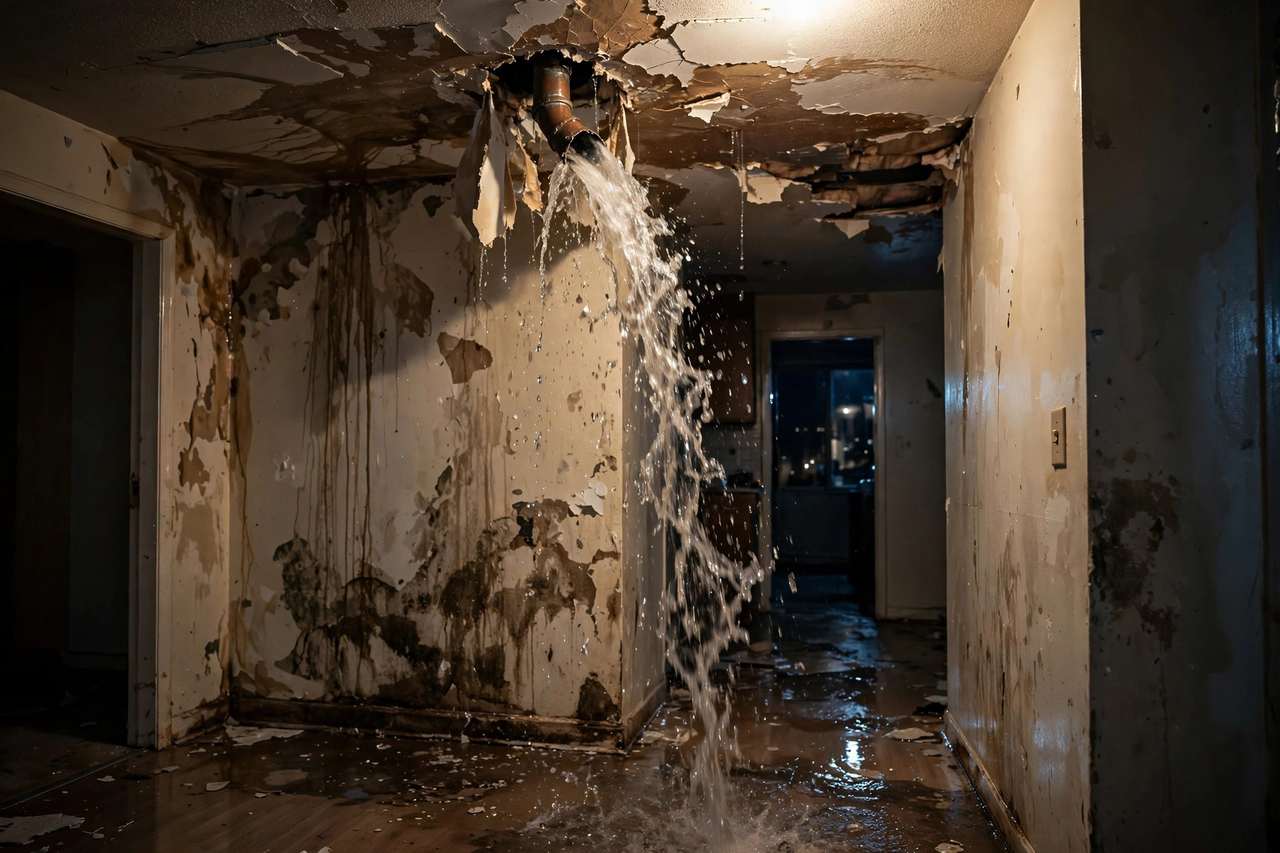 Dark mold spots spreading across the corner of an apartment bathroom ceiling.