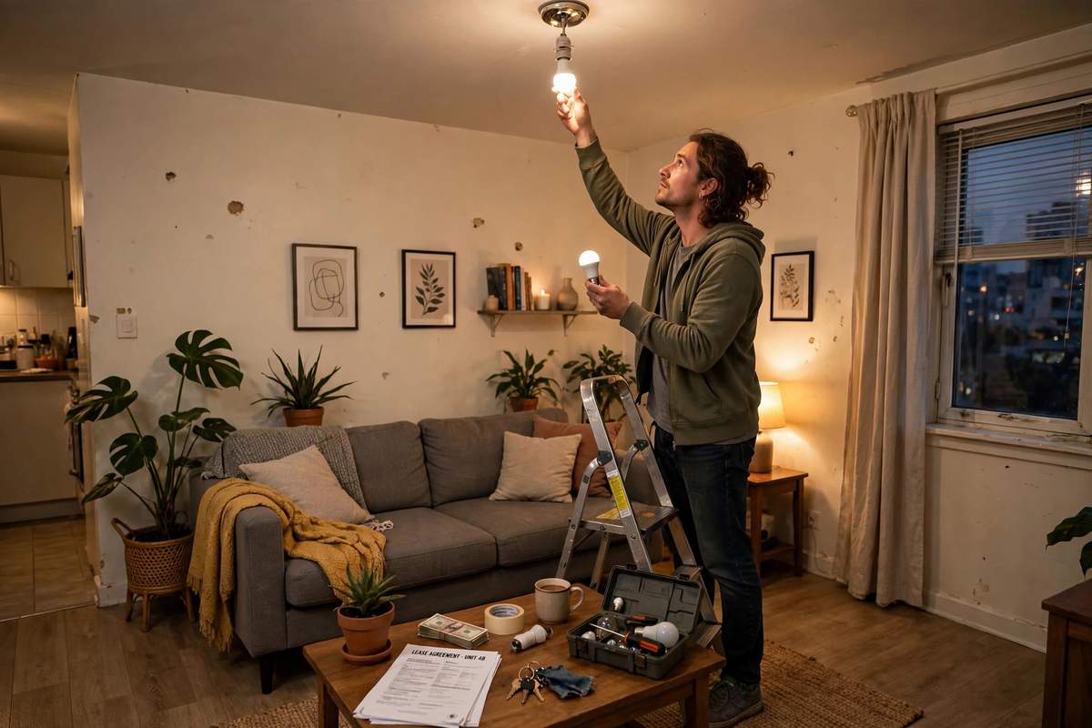 A person changing a lightbulb in a rental apartment living room as part of routine tenant maintenance.