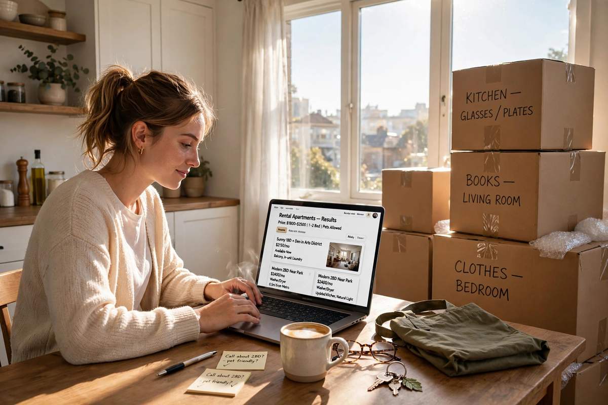 A young adult reviewing rental apartment listings on a laptop at a kitchen table with moving boxes nearby.