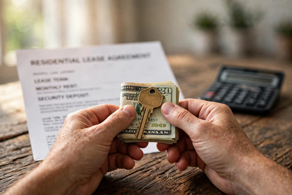 A tenant's hands holding a house key and US dollar bills over a rental lease document on a wooden desk.