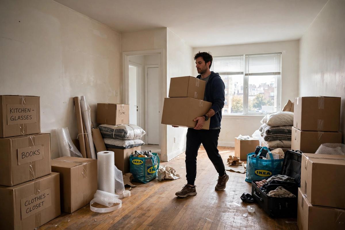 A clean bright rental apartment interior with heating, smoke detector, and secure windows showing habitability.
