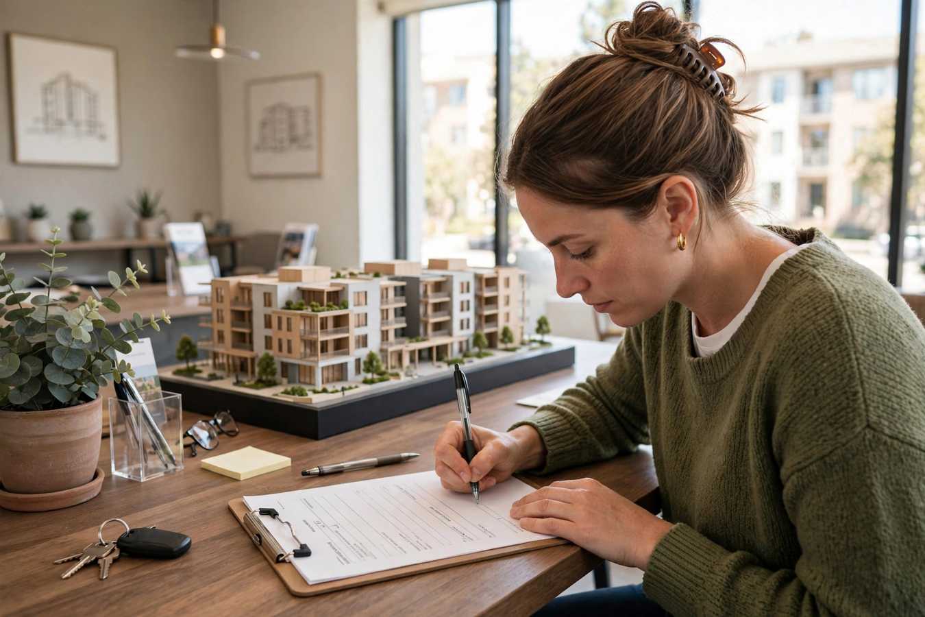 A young adult and a parent sign apartment lease documents together at a table.