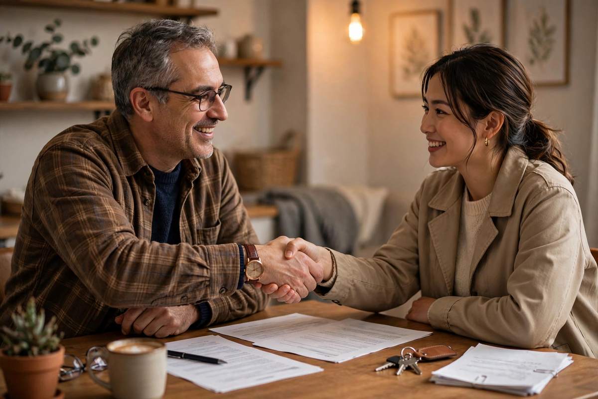 A person signing a lease document with a pen at a wooden desk with apartment keys nearby.
