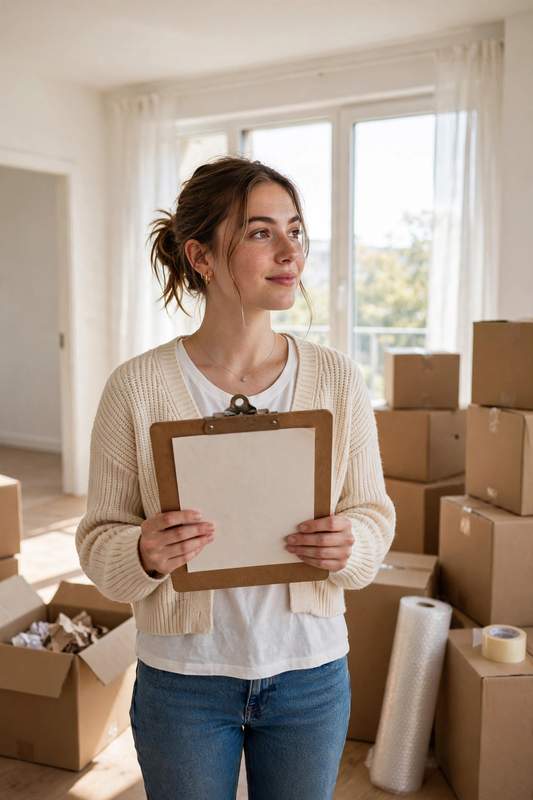 A young woman holding a clipboard checklist stands among cardboard moving boxes in a bright empty apartment