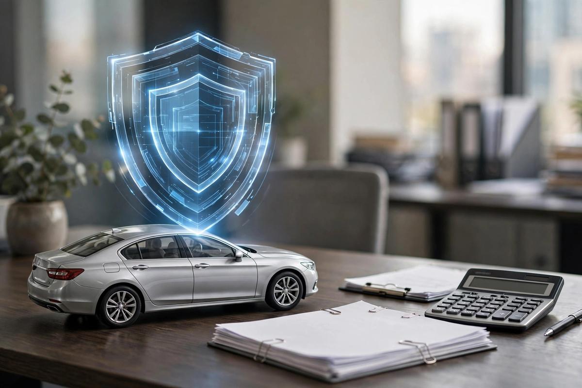 Protective shield over a sedan with insurance documents and calculator, representing GAP insurance for leased cars