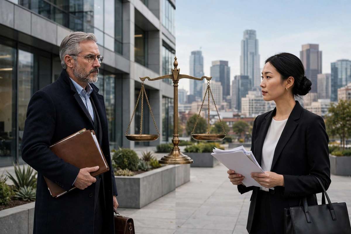 Two business professionals standing on either side of a bronze balance scale outside a modern office building with a city skyline behind them.