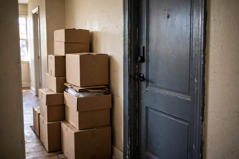 Cardboard moving boxes stacked beside an apartment front door in a hallway at the end of a lease