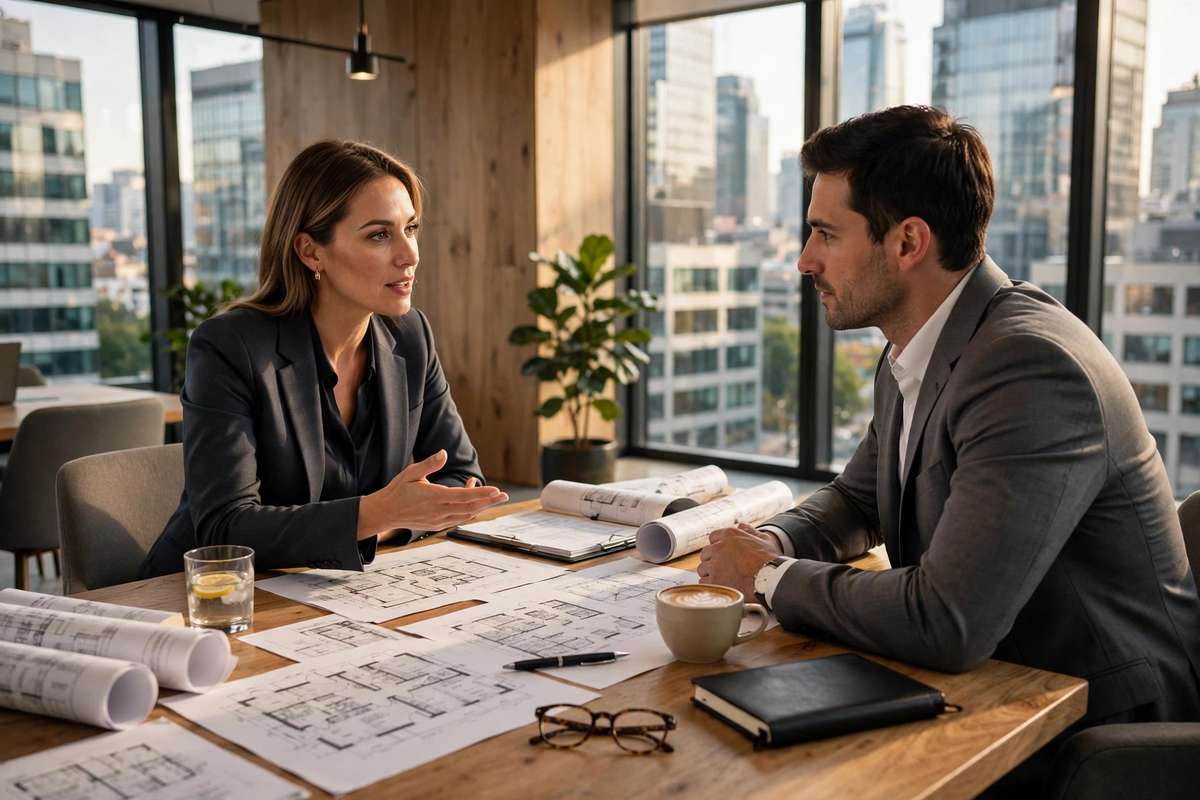 Two business people discussing a commercial lease across a conference table covered with architectural floor plans and rolled blueprints, with city office buildings visible through large windows.