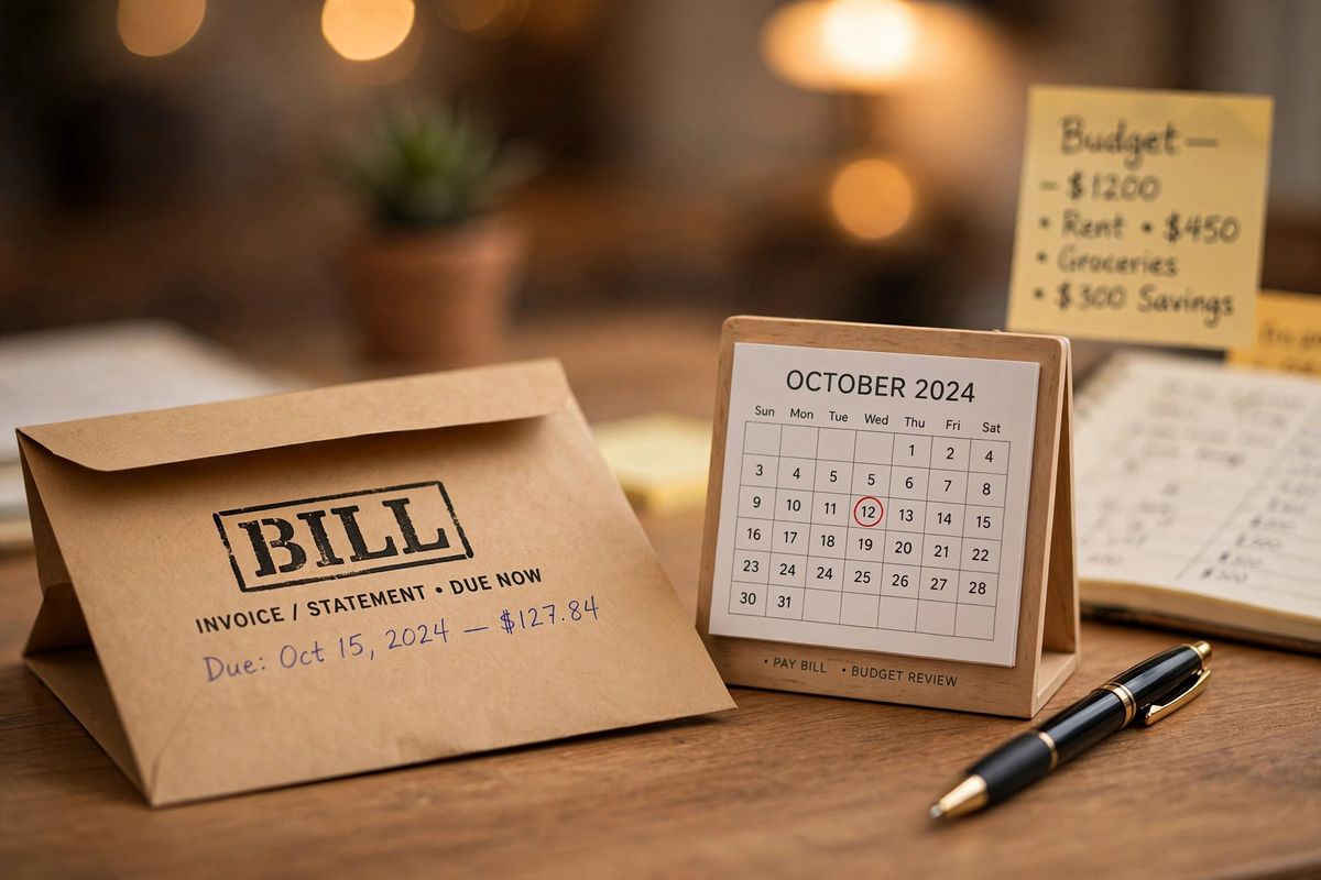 Envelope and calendar on a desk illustrating late rent fee payment deadlines