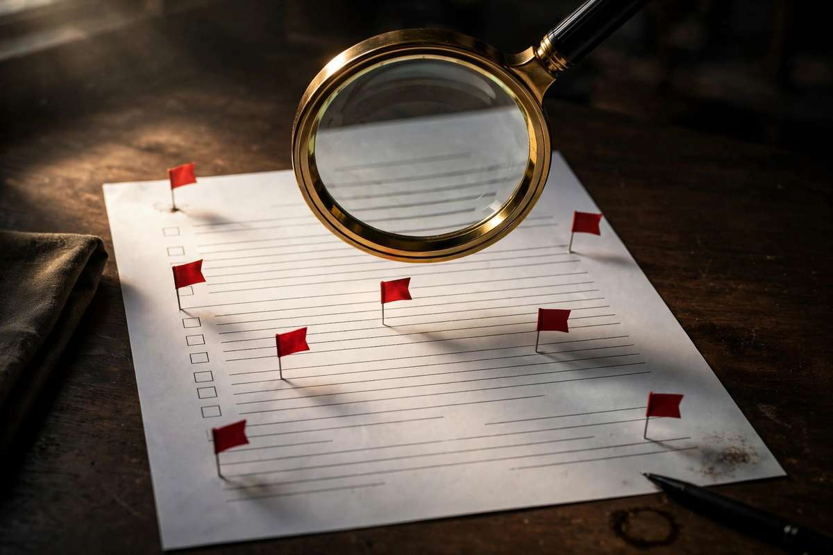 A magnifying glass hovering over a printed lease contract marked with small red warning flags pinned at various clauses, on a dark wooden desk.