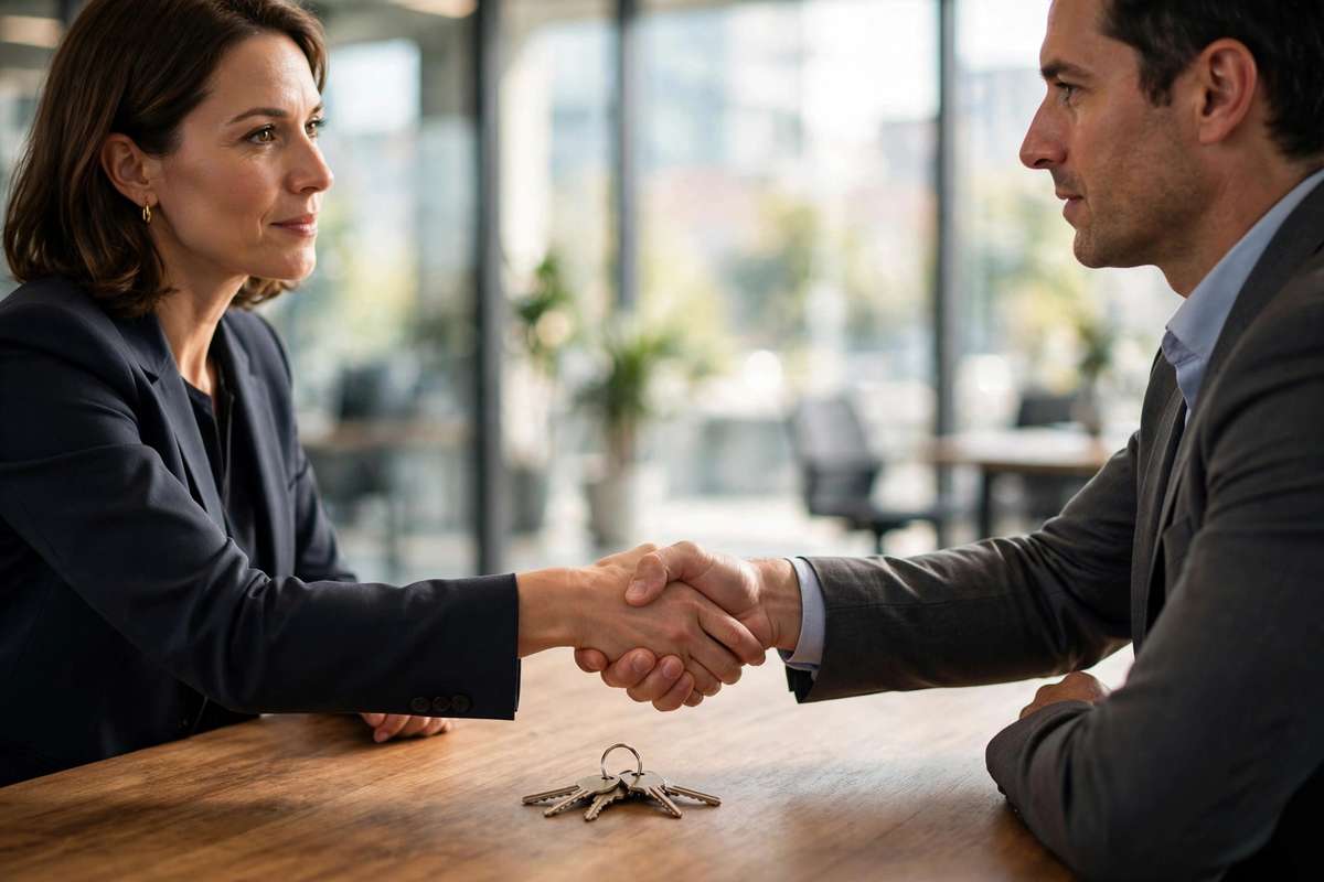 Two business people shaking hands over a desk with lease documents, illustrating a lease assignment agreement