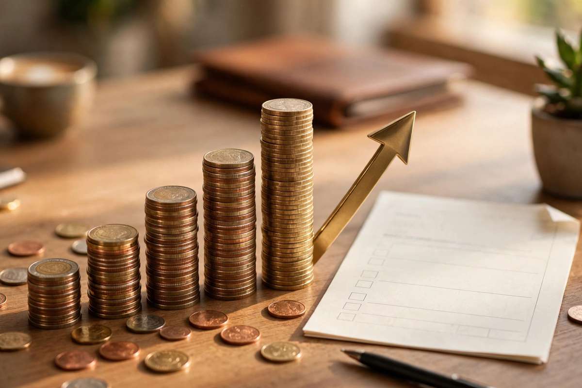 Stacks of coins forming a rising bar chart with a gold upward arrow beside a lease document and pen on a wooden desk.