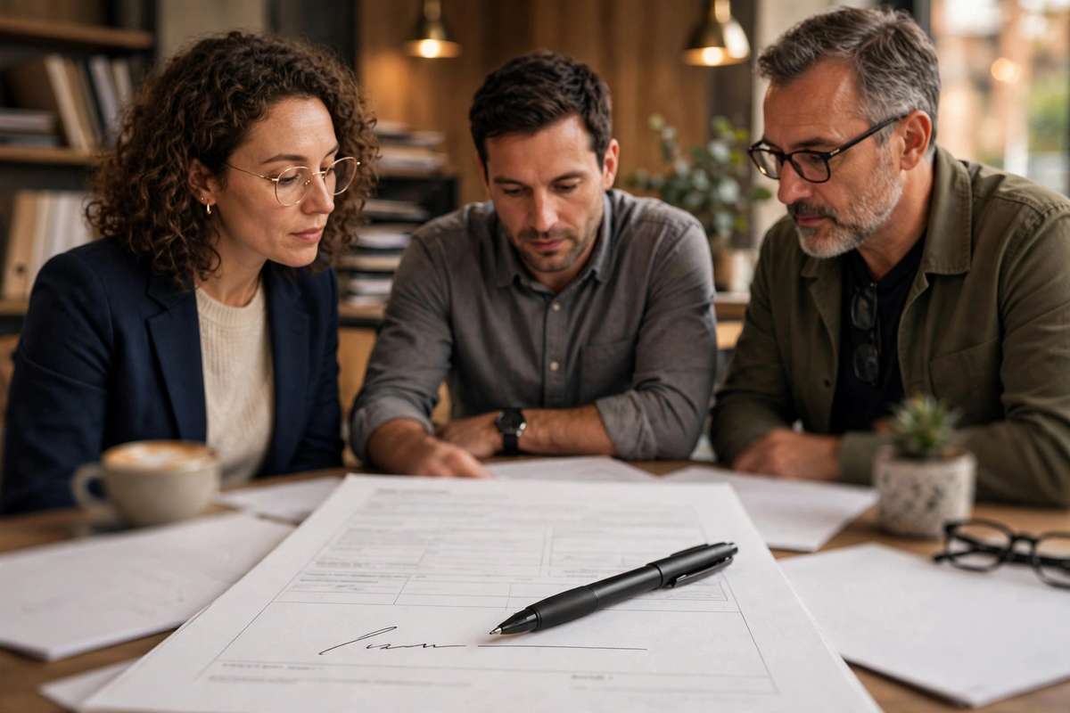 Three people sitting at a table reviewing and signing lease paperwork with a pen