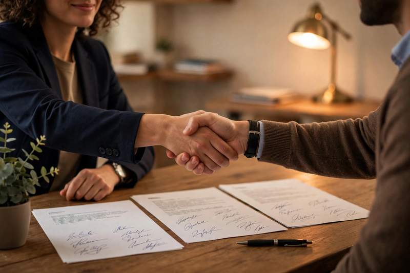 Two people shaking hands over signed lease renewal papers on a desk with a pen nearby in warm office light