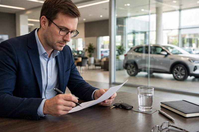 A person reviewing a car lease contract at a dealership desk with a new car visible through the showroom window
