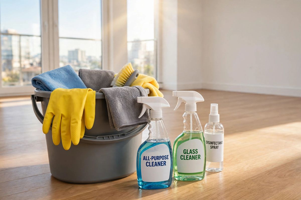 Bucket of cleaning supplies in a bright empty apartment for move-out cleaning