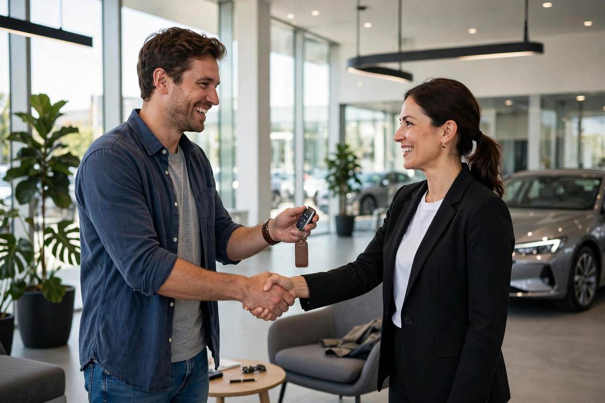 Happy car buyer shaking hands with dealer while receiving keys, illustrating a one-pay car lease deal