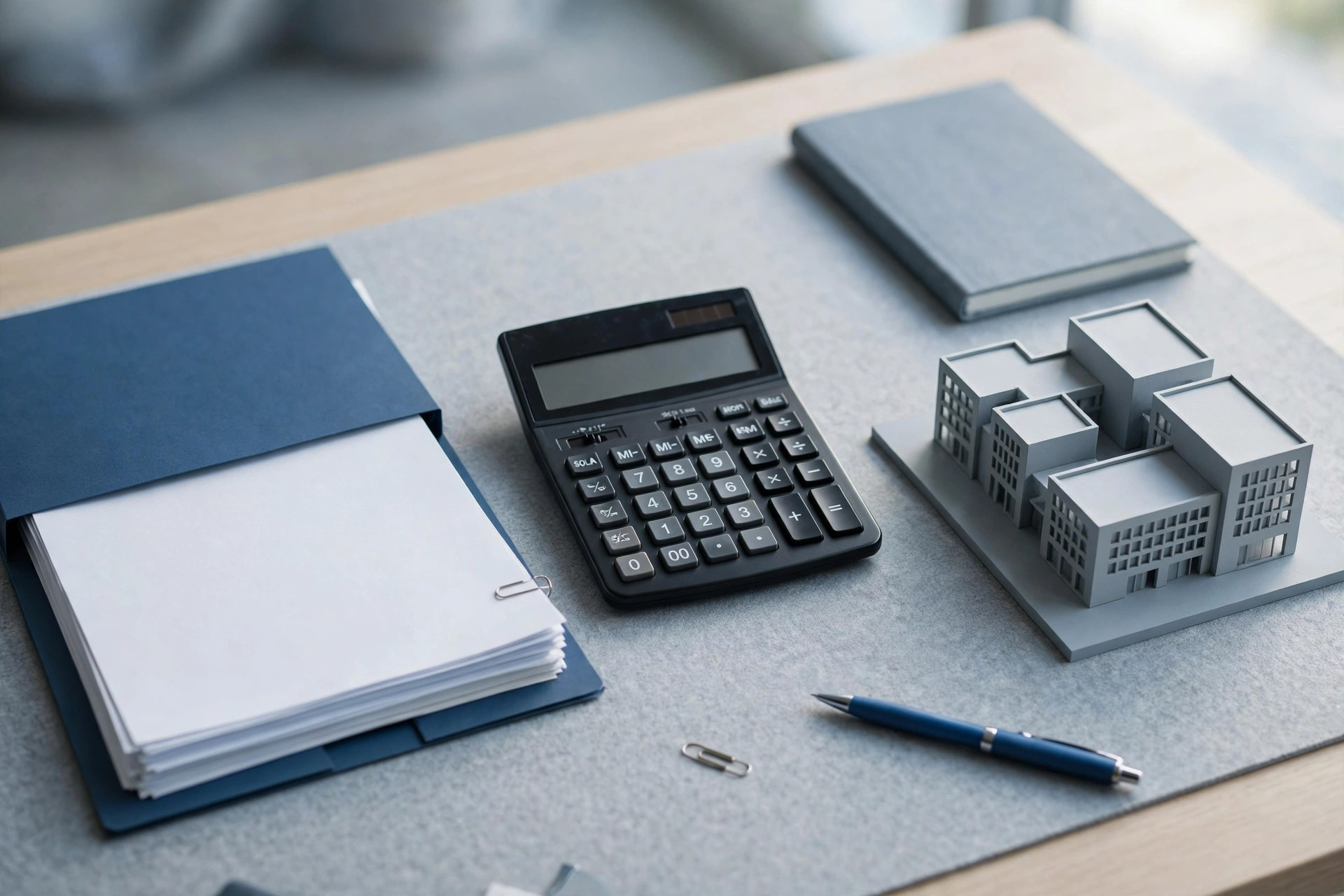 Calculator, document folder, and architectural model of office buildings on a desk, illustrating operating lease versus finance lease accounting concepts