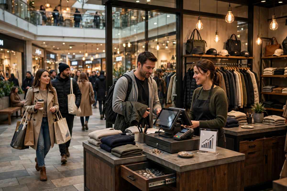 A busy clothing store checkout counter inside a shopping mall, with a cashier serving a customer and shoppers walking past in the background.