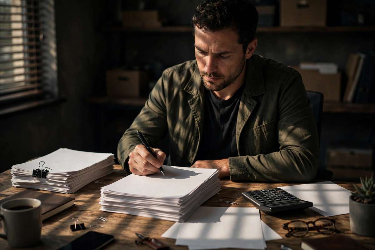 A business owner at a wooden desk signing a stack of legal and financial documents with a pen, surrounded by paper stacks, a calculator, glasses, and a coffee cup in dramatic window light.