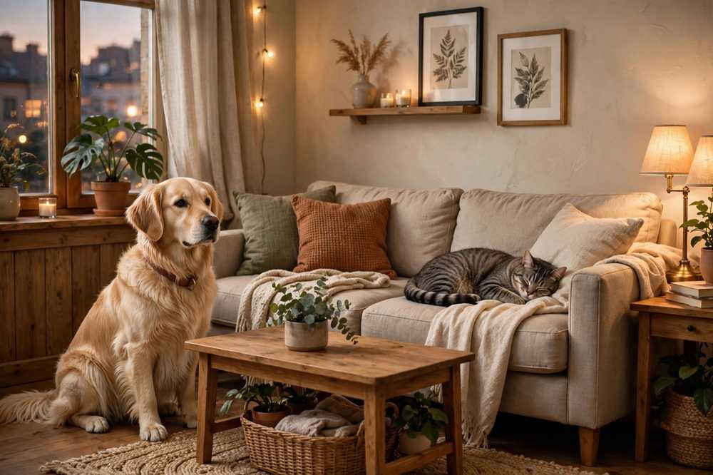 A golden retriever sits beside a beige sofa in a warmly lit apartment living room while a tabby cat sleeps curled up on the couch.