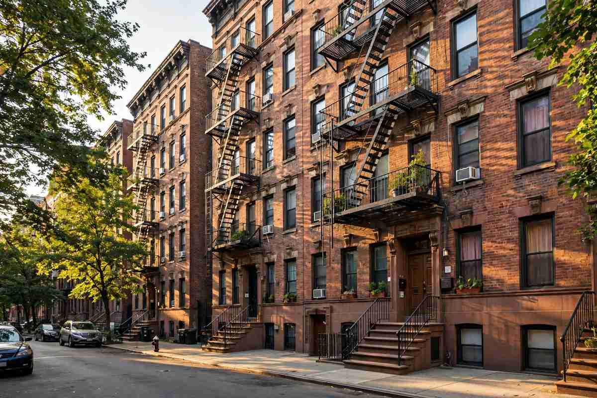Classic New York City brick apartment buildings with fire escapes on a residential street