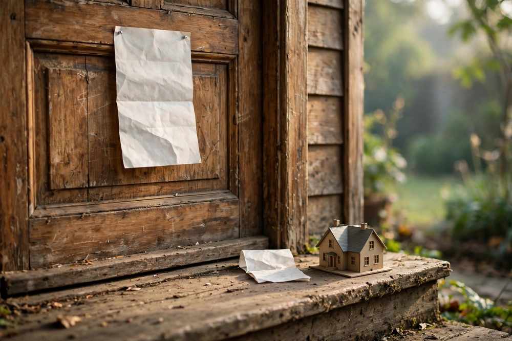 A notice letter pinned to a wooden apartment door with a small model house sitting on the doorstep