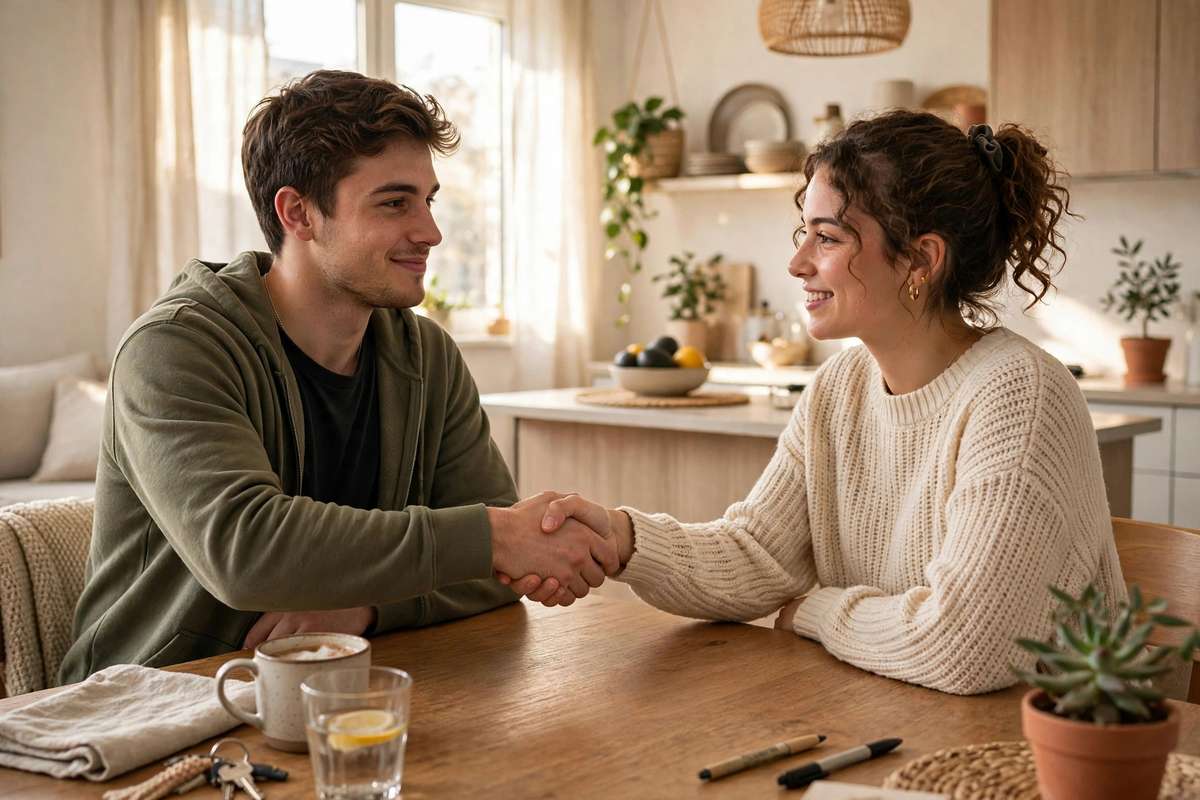A young man and woman shake hands across a wooden kitchen table in a bright shared apartment, with coffee mugs, keys, and pens on the table.