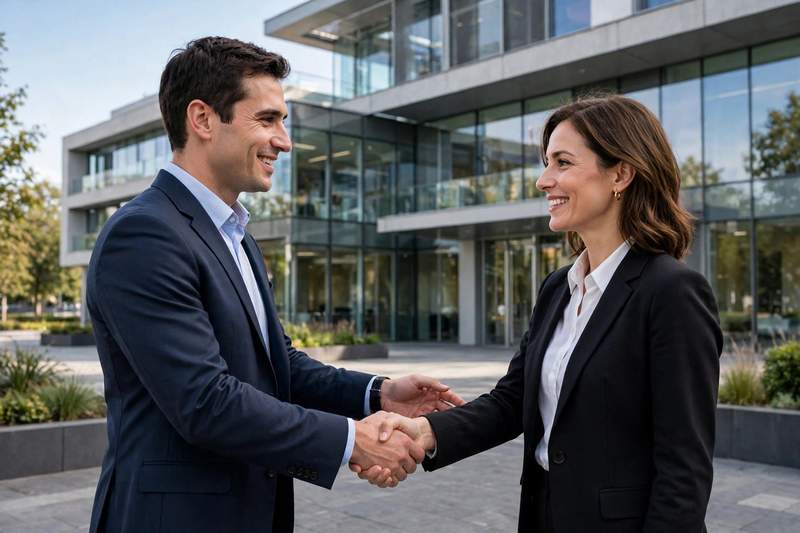 Two business people shaking hands in front of a modern commercial office building, representing a sale leaseback property transaction.