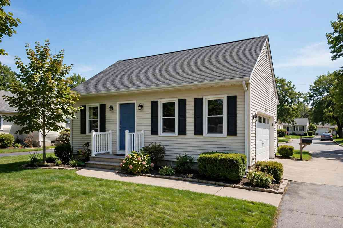 Well-kept suburban American house with front lawn in a residential neighborhood