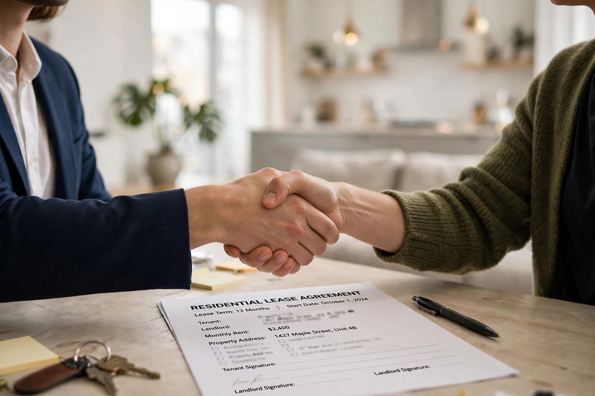 Two people shaking hands over a lease agreement, representing security deposit alternatives